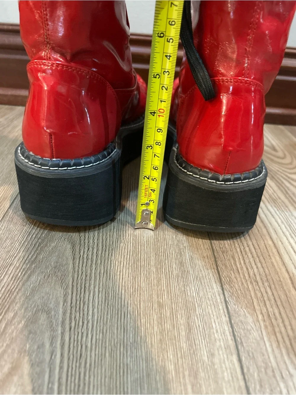 Demonia Emily-375 Red Patent Knee High Platform Lace Up Boots Womens 12